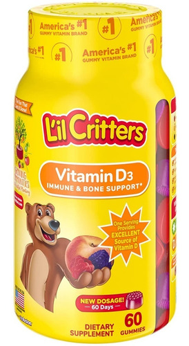 Lil Critters Vitamina D3 60 Gomitas Sabor Frambuesa, mora, melocotón