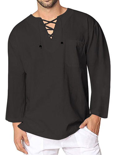 Blusa Casual De Manga Larga Con Cuello En V Para Hombre