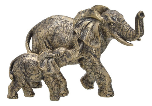 Escultura Elefante Com Filhote Em Resina Dourado E Preto