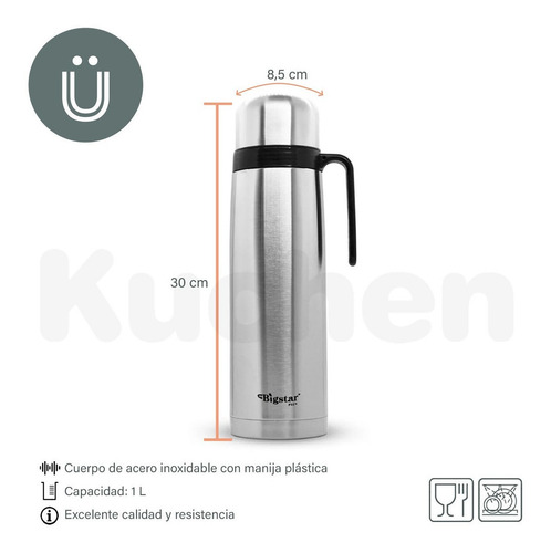 Imagen 2 de 10 de Termo Con Manija De Acero Inoxidable 1 L Kuchen
