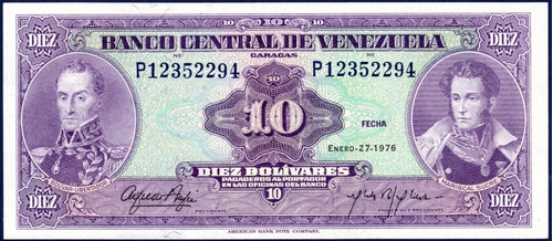 10 Bolívares P8 Enero 27 1976 Simón Bolívar Y A. J. De Sucre