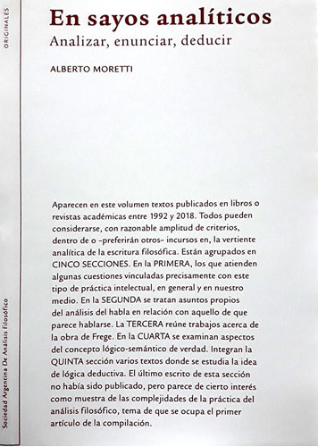 En Sayos Analíticos: Analizar, Enunciar, Deducir, De Moretti, Alberto., Vol. Volumen Unico. Editorial Sadaf, Tapa Blanda, Edición 1 En Español, 2020