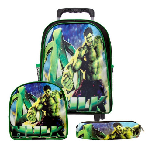 Mochila Masculina Infantil Hulk Rodinha Lancheira Estojo