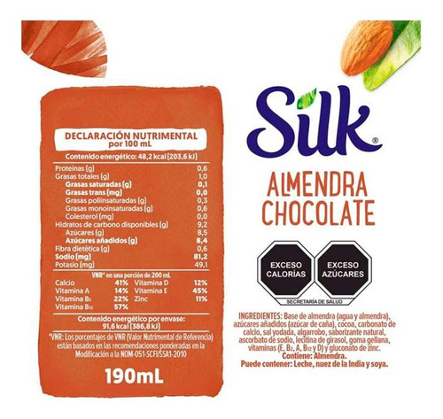 Leche De Almendra Sabor Chocolate, Silk 10 Pzs De 190ml C/u