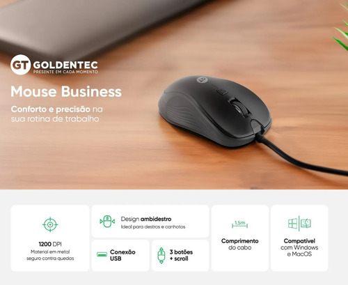 Mouse Óptico Ergonômico Gt Business 1200dpi Usb Goldentec