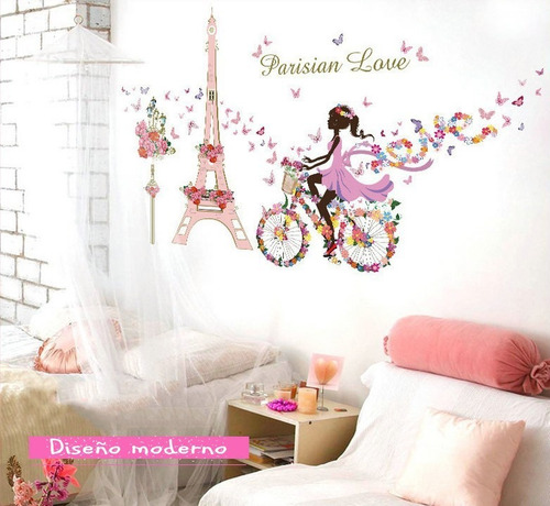 Imagen 6 de 7 de Vinilo Decor Sticker Pared - Paris Love Rosa Bici Hada Flor