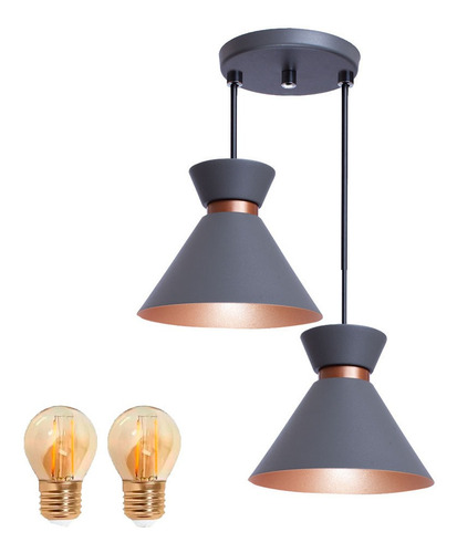 Iluminar Ambiente Luminária Pendente Duplo Berlin 15cm Cinza + Lâmpada Vintage Cor Cinza com Cobre 110V/220V (Bivolt)