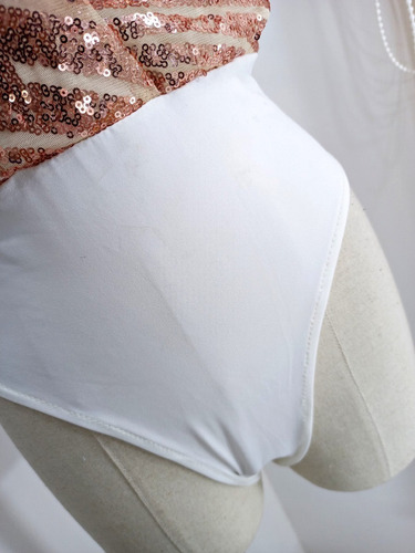 Bodysuit Blanco Translucido Cuello V Lentejuelas Push-up 1pz