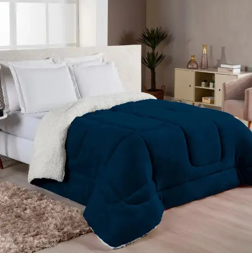 Edredom Sherpa Cobertor e Coberdrom Casal Queen Grosso Pele De Carneiro Dupla Face Azul Super Quente Casa Laura Enxovais