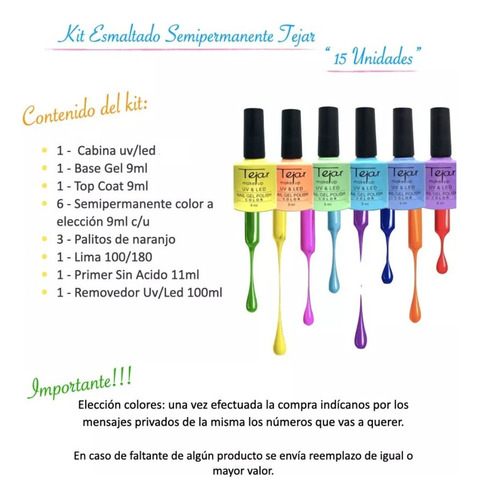 Kit Inicial X 15u. Tejar Manicuria Semipermanente Led/ Uv