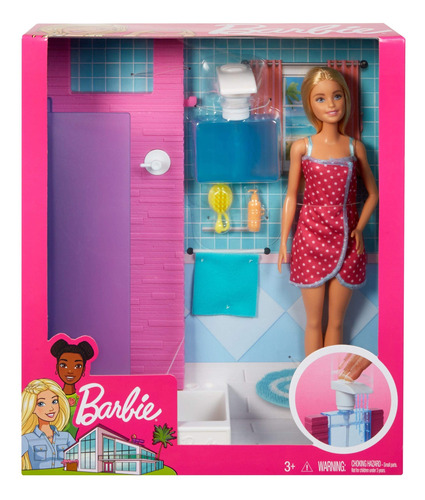 Set De Muñecas Y Muebles Barbie Para Baño Con Ducha Funciona