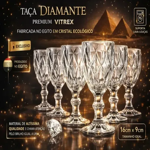 Jogo 6 Taças de Cristal 340ml Diamond Transparente Lapidado Vitrex - R$ 32,9