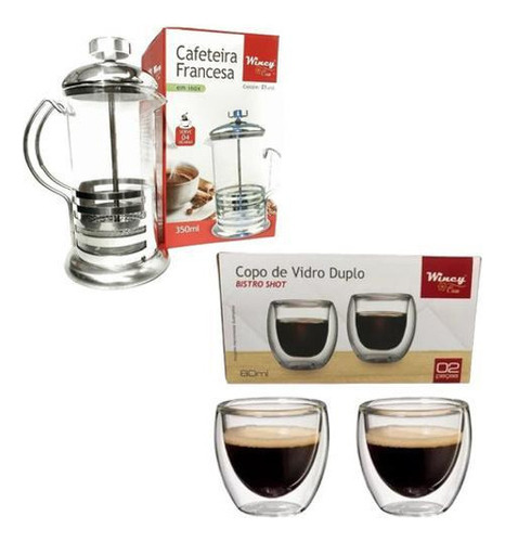 Cafeteira Francesa + 2 Copos Vidro Duplo Shot 350ml