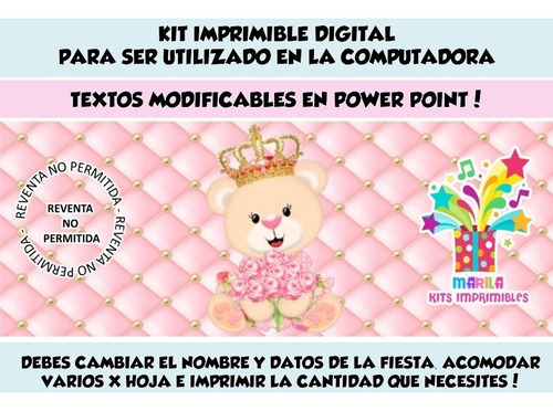 Kit Imprimible Osita Princesa Candy Bar - Texto Editable