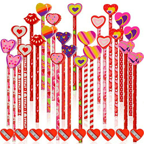 Set San Valentín 58 Lápices Corazón Con Goma Y Sacapuntas.