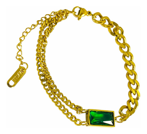 Pulsera Eslabones Bañado En Oro Cristal Verde Esmeralda 21cm