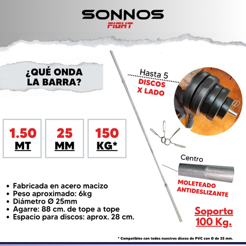 Kit Barra Maciza + Mancuernas A Rosca + 24 Kg Discos Sonnos