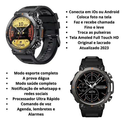 Relógio Smartwatch Redondo Inteligente Caixa Grande Militar