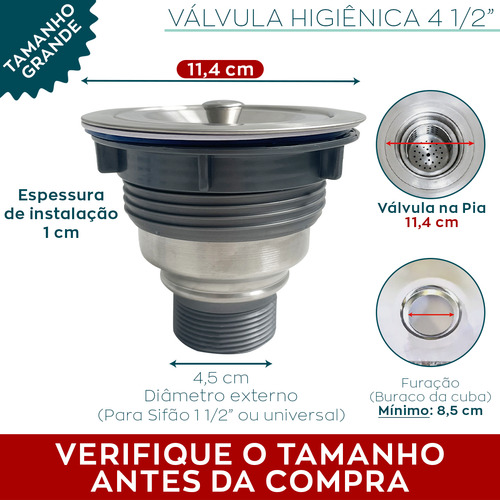 Kit Escoamento Valvula Inox 4 1/2 E Sifao Flexivel Cozinha Kit Instalação Sifão Sanfonado Universal E Válvula Higiênica 4 1/2 Inox Ralo Pia Com Cesto Escoamento Sifao De Plástico Dona D.cor