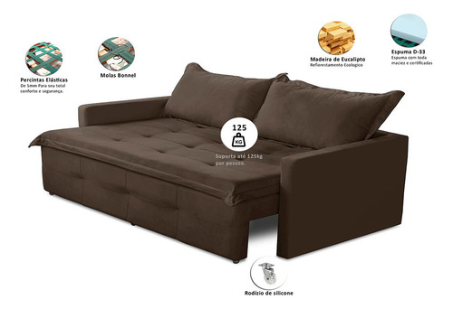 Sofá Sem Caixa Ret Reclinável 1,85m Molas Maísa Suede Marrom