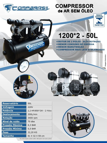 Compressor Odonto Isento Óleo 50litros 10pcm Transf 127-220v