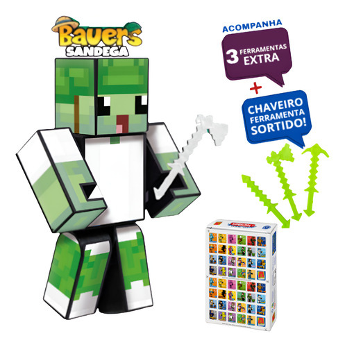 Boneco Minecraft Sandega Bauers15cm Chaveiro+ferramenta+jogo