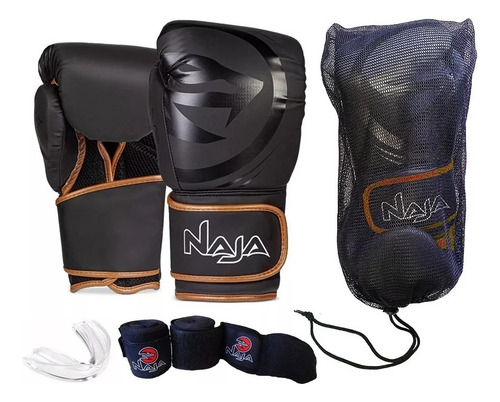 Kit Luva Boxe / Muay Thai - Black Naja - Preto-bronze