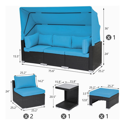 Juego De 7 Muebles Exterior Sofa Modular Toldo Azul Magic U