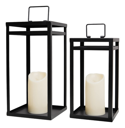 Hpc Decor Juego De 2 Faroles Decorativos De Metal Negro Con