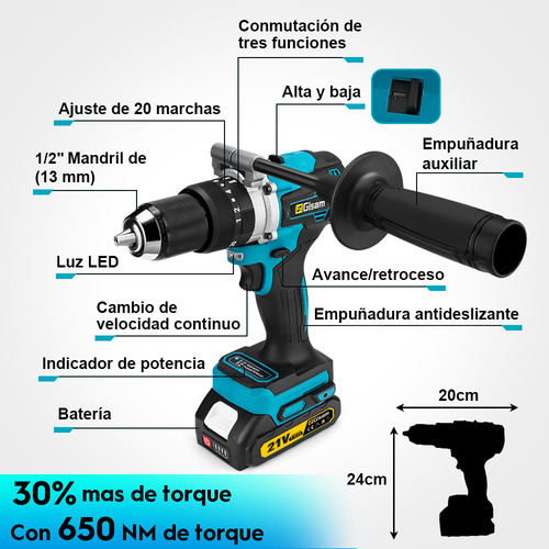 Taladro Percutor Atornillador Inalámbrico Mandril de 1/2'' con Asa Auxiliar 2Ah Gisam S3725 Color Azul