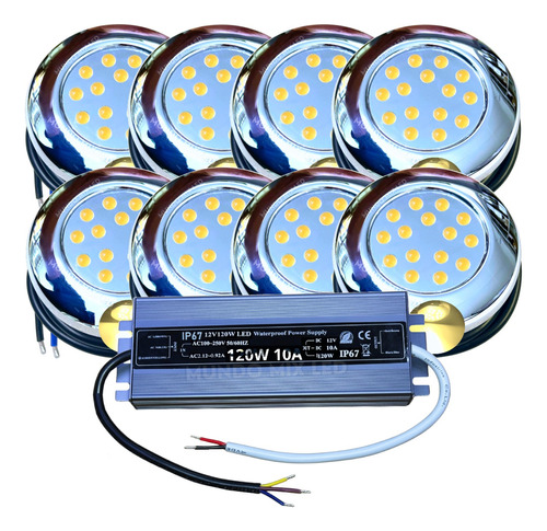 Kit 08 Luminaria Piscinas Led 15w Quente 3000k + Fonte Ip67