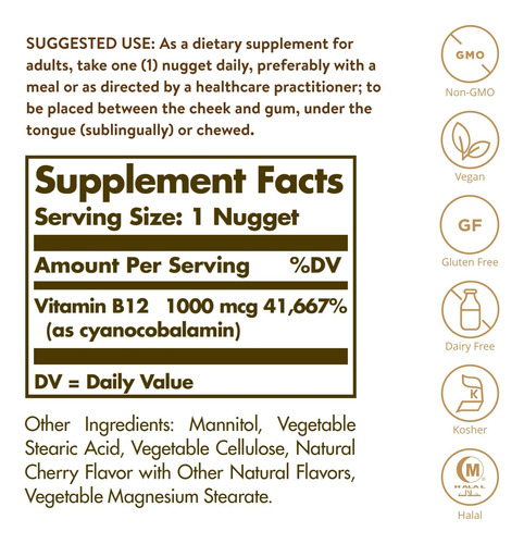 Suplemento Solgar Vitamina B12 1000mcg 100 Nuggets