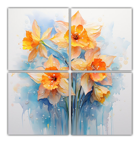60x60cm Cuadro Flores Narcisos Naranja Y Azul Bastidor Mader