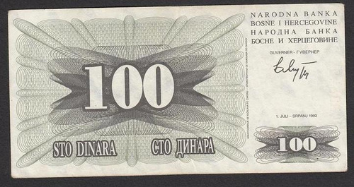 Billete De Bosnia 100 Dinara Año 1992 (c85)