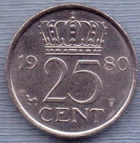 Imagen 1 de 2 de Holanda 25 Cents 1980 * Juliana I *