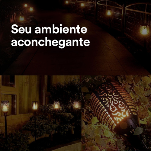 Kit 12 Luminárias Solar Para Jardim Tipo Tocha Efeito Chama Estrutura Preto 1.2