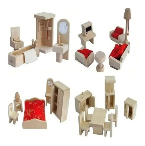 Set Completo Muebles De Madera Para Casa Muñecas 20 Piezas