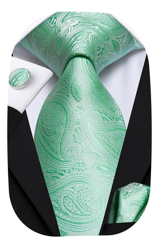 Set De Corbata , Pañuelo Y Gemelos Hi-tie Seda Verde Menta