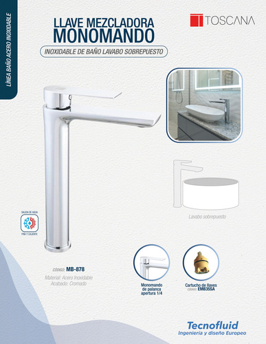 Llave Mezcladora Toscana Monomando alto de lavabo acabado Cromado Color Gris Mb-878