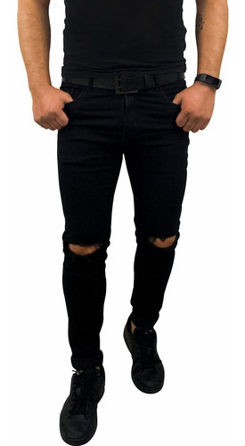 Pantalón Skinny Stretch Con Destrucción En Rodillas Negro