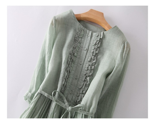 Vestido Vintage De Mujer Algodón Y Lino Con Cuello Redondo