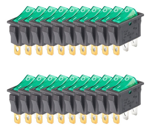 X20 Llave Tecla On-off Kcd3 Rocker 16a Neon Verde Rectangulo