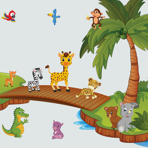 Adesivo Animais Do Zoo Ilhas E Ponte 1x1,4m