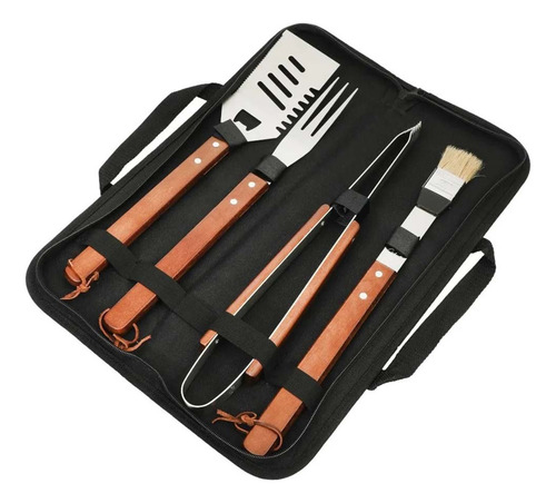 4 Pzas Utensilios Para Parrilla Mango De Madera Con Bolsa