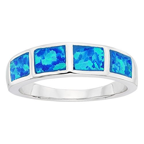 Anillo De Banda De Opalo Azul De Plata Esterlina Creado  Tam