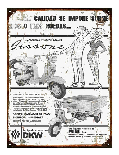 Cartel Chapa Publicidad Antigua 1961 Moto Dkw 125cc L223