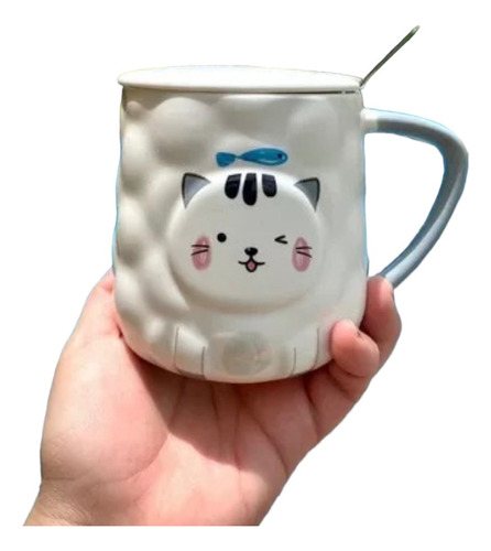 Taza Para Café Lindo Gato De Cerámica Con Tapa Y Cuchara