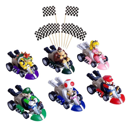 Juego 6 Piezas Mini Mario Kart Pull Back Cars Topper Figuras