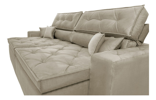 Sofá Austin 2,42m Retrátil, Reclinável com Molas no Assento e Almofadas, Suede Bege Cama inBox