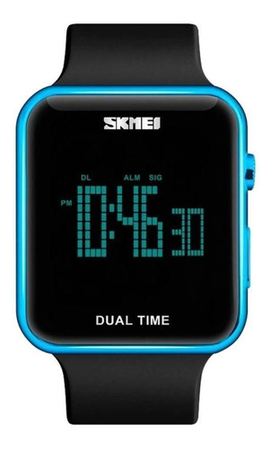 Reloj pulsera Skmei 1271 de cuerpo color azul, digital, para hombre, fondo negro, con correa de poliuretano color negro, dial gris, minutero/segundero gris, bisel color azul y hebilla simple